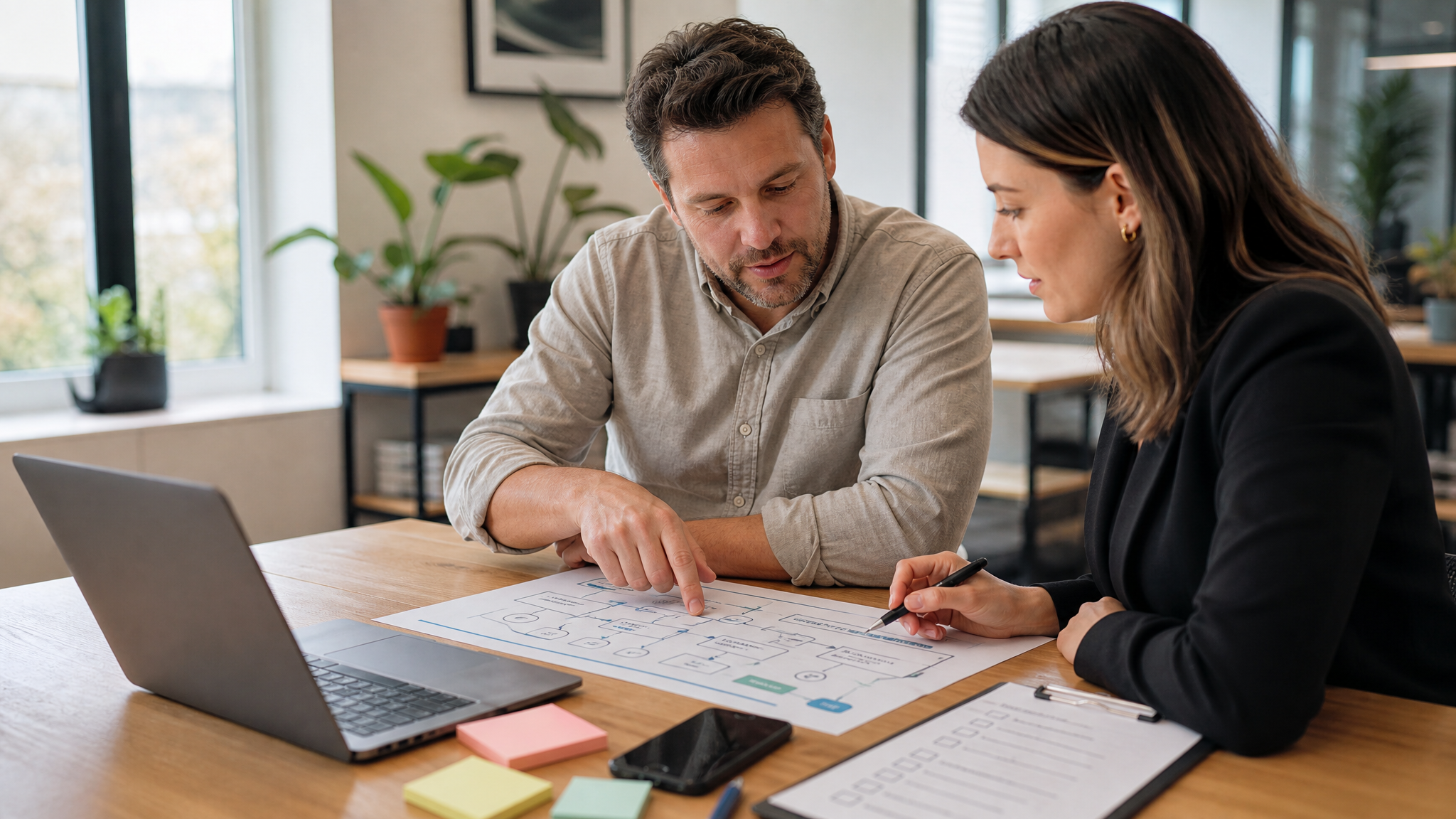 Business owner reviewing workflow notes for an AI opportunity assessment