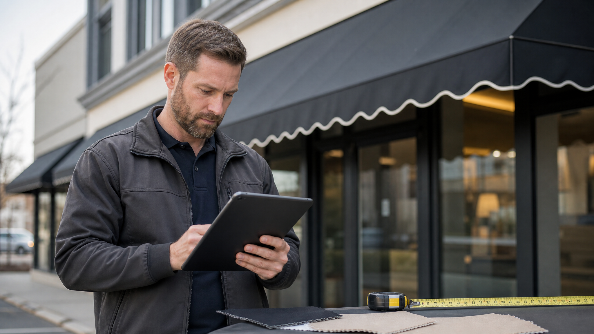 Awning repair contractor reviewing storefront photos and measurement notes