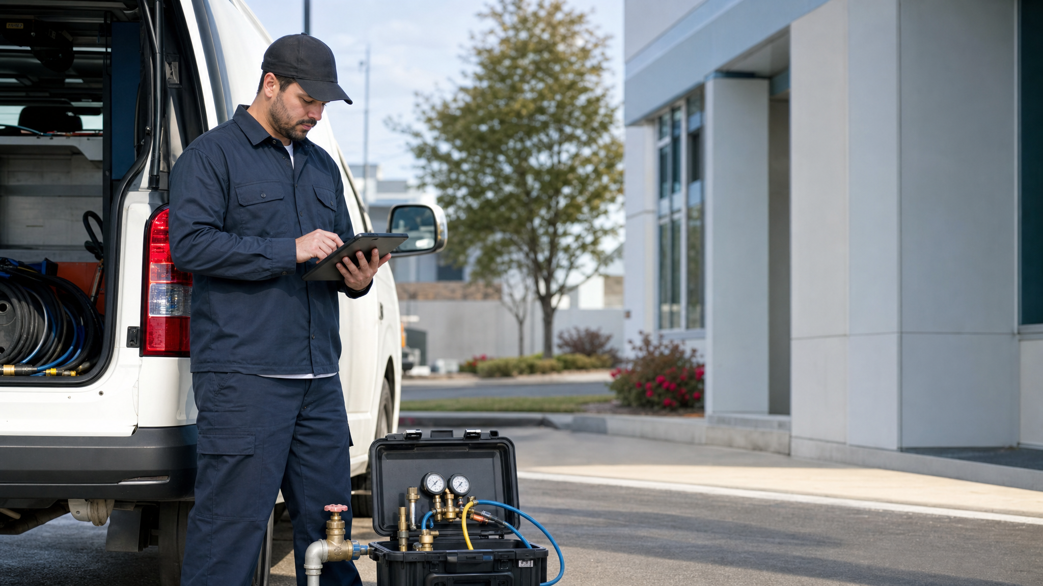 Backflow testing technician reviewing renewal schedule and appointment notes