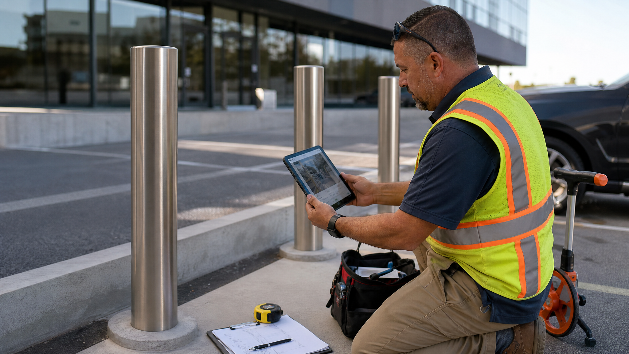 Bollard installation contractor reviewing site photos and measurement notes