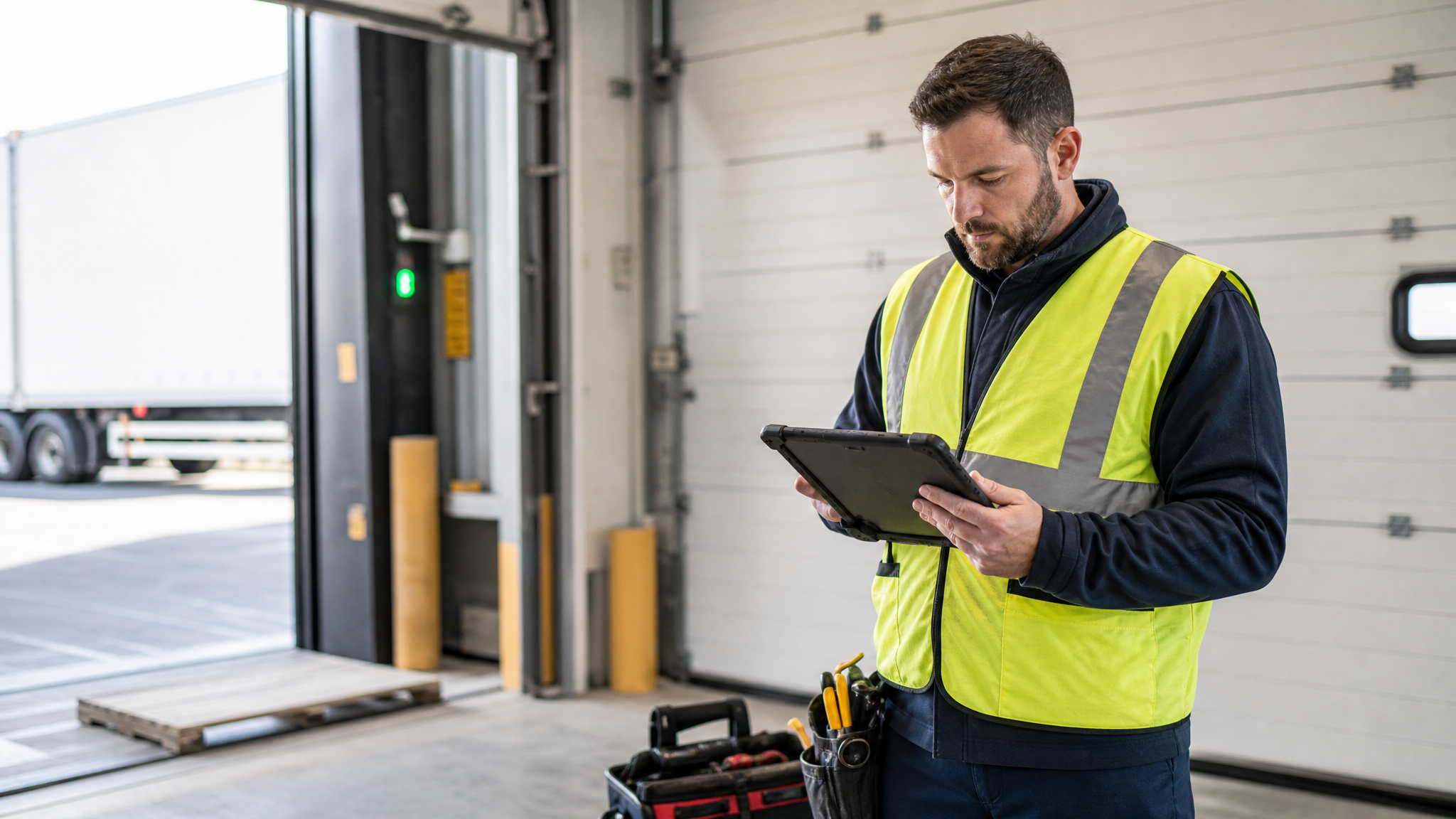 Commercial door repair technician reviewing service request photos and access notes