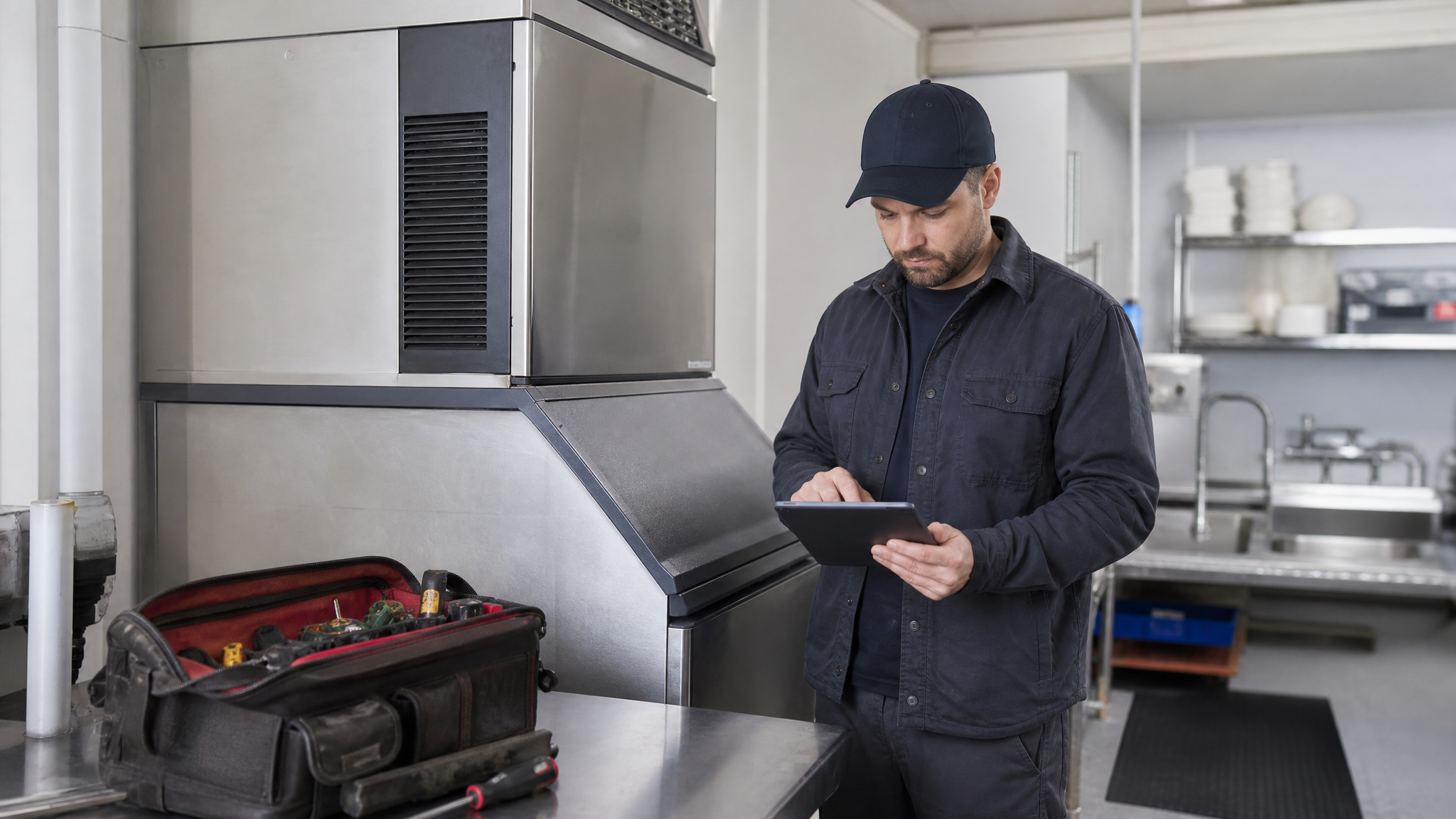 Ice machine technician reviewing cleaning and repair request notes