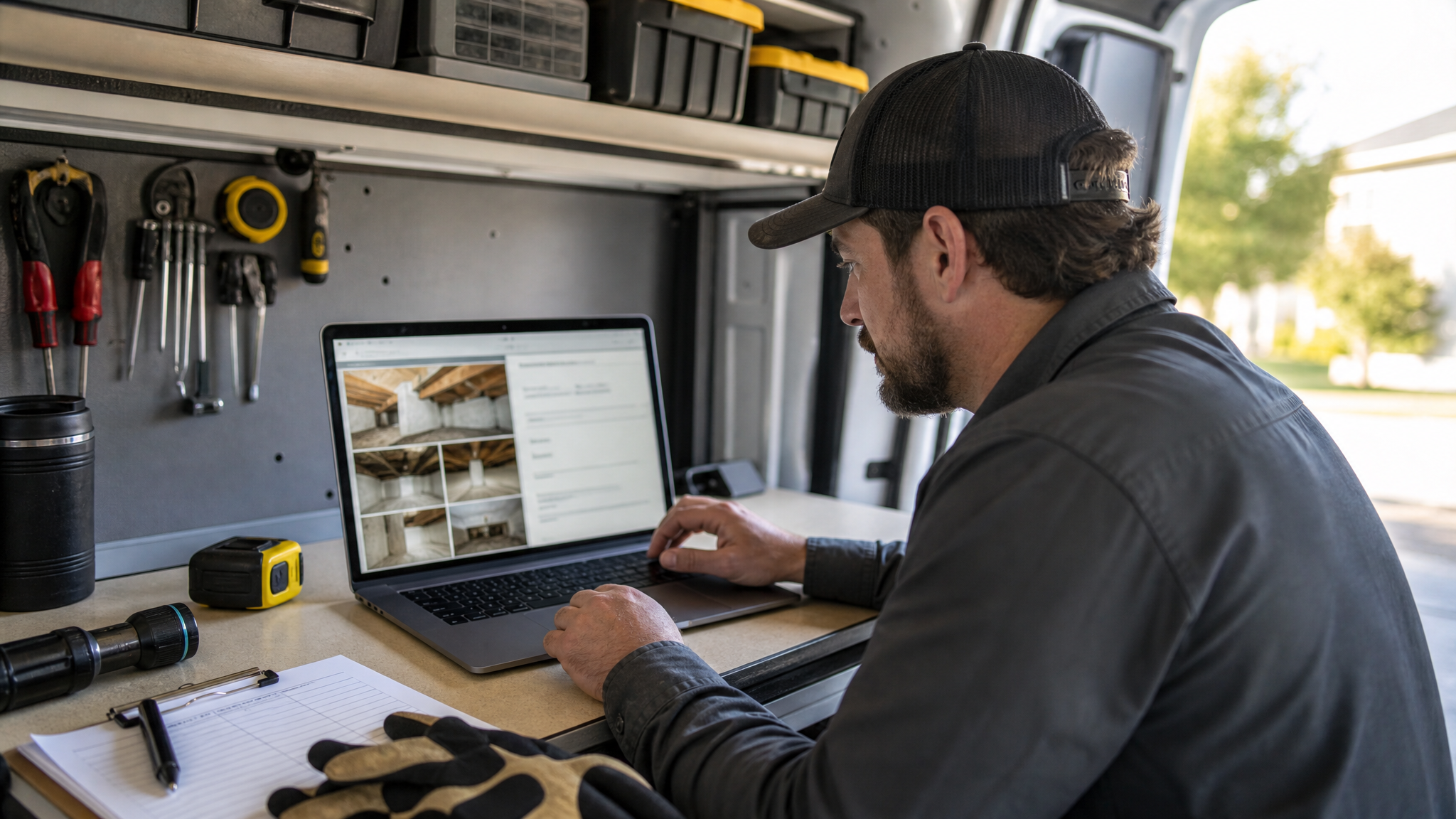 Crawlspace encapsulation contractor reviewing estimate photos and notes