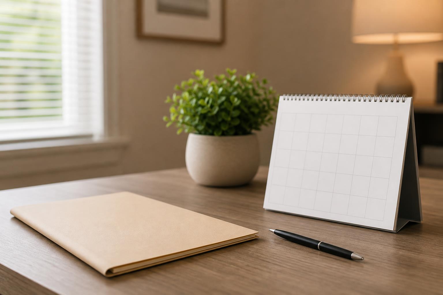 A calm desk with paperwork and a calendar for direct cremation intake follow-up.