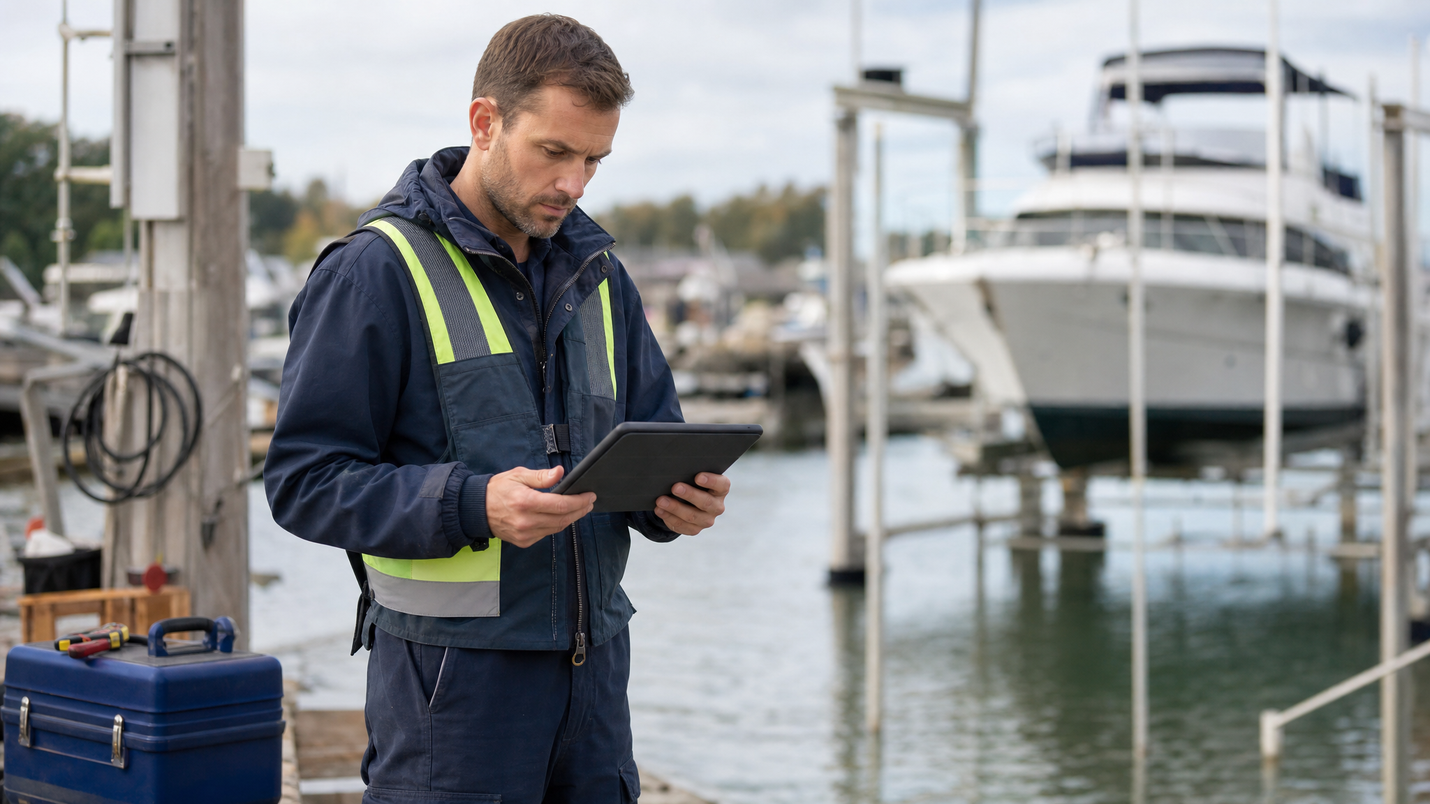 Dock and boat lift repair technician reviewing site photos and schedule notes