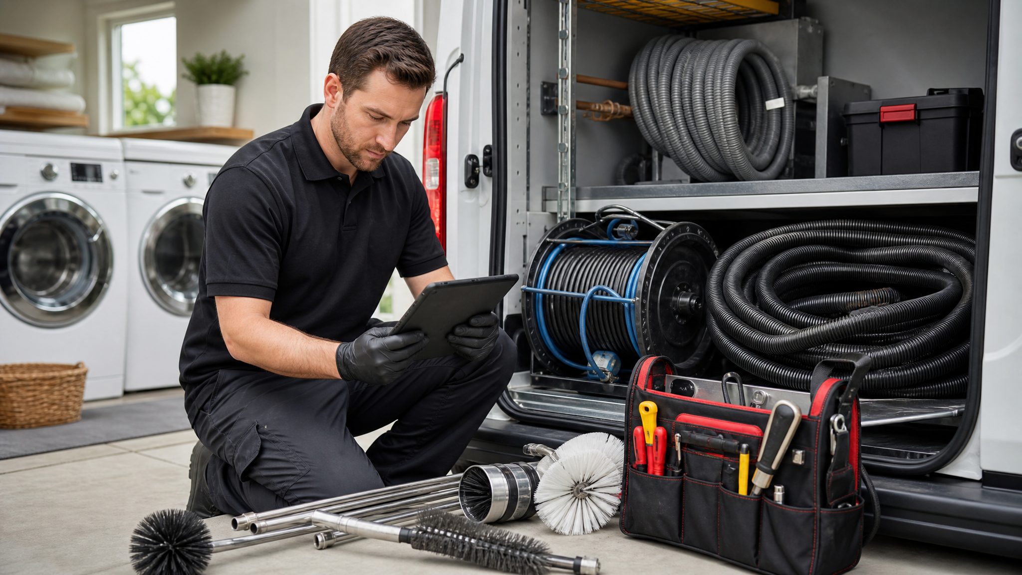 Dryer vent cleaning technician reviewing appointment notes and checklist