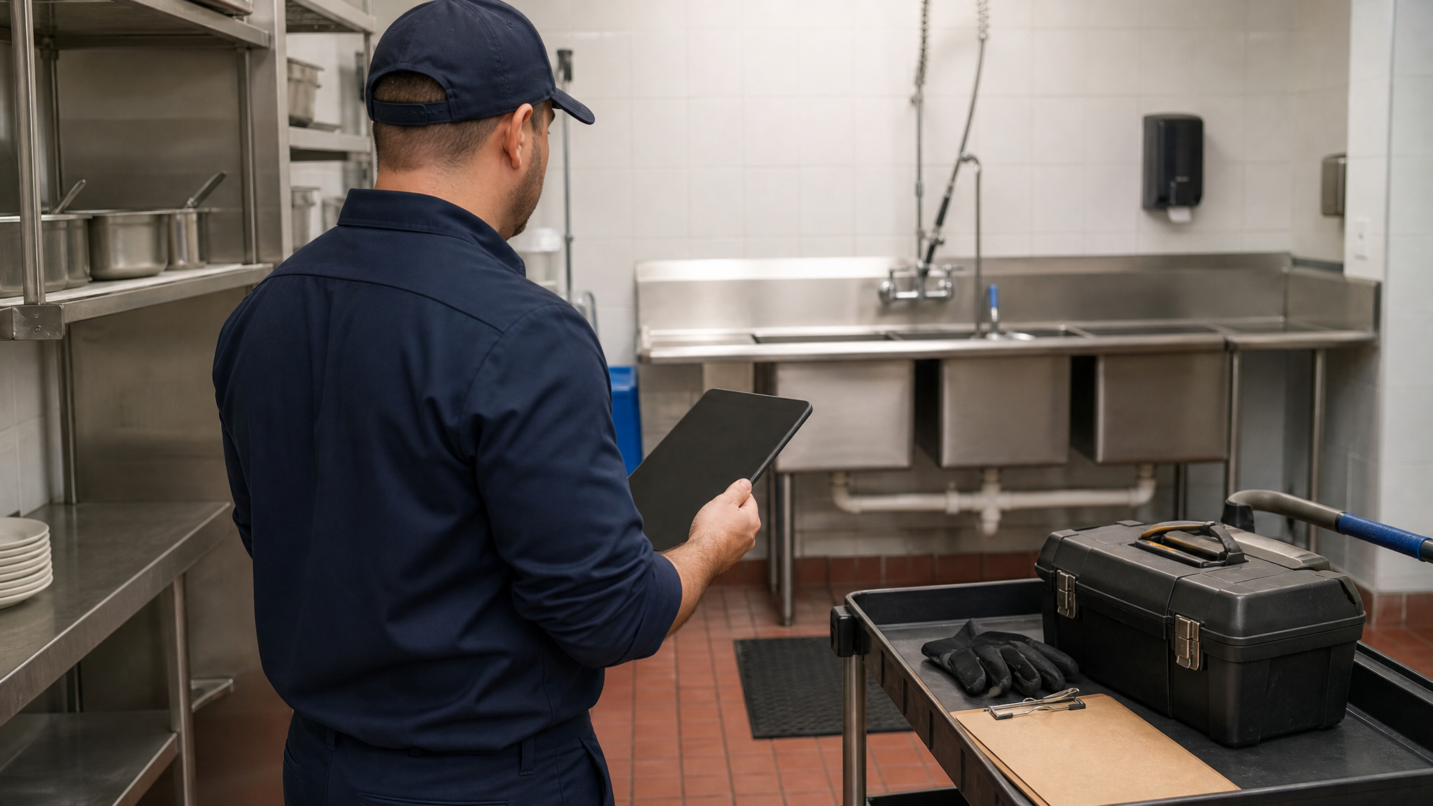 Grease trap cleaning service operator reviewing restaurant service schedule