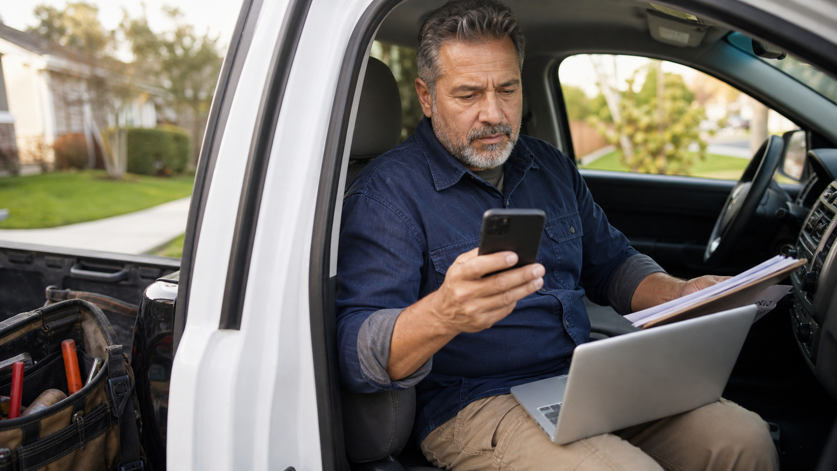 Busy local service business owner reviewing customer messages and follow-up