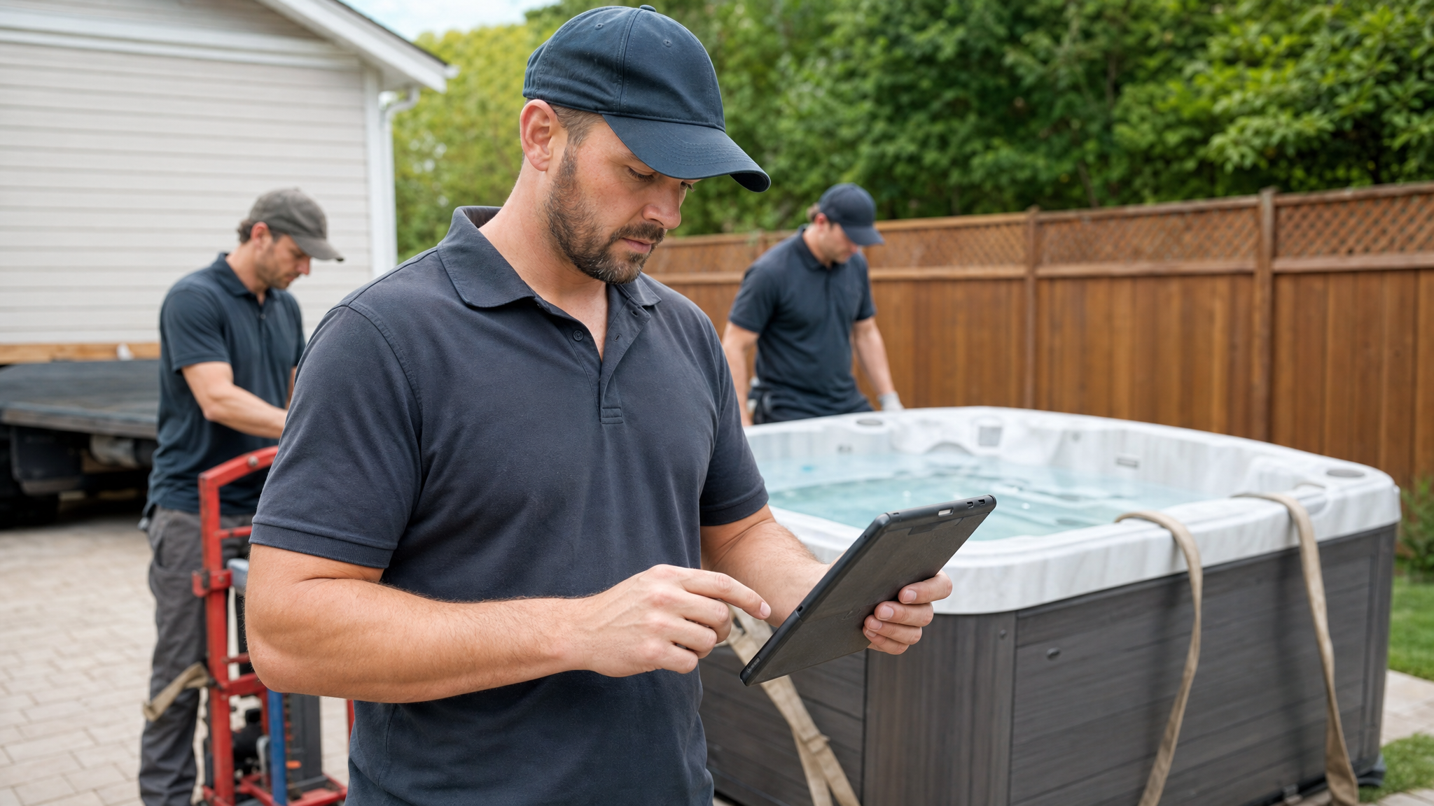 Hot tub moving crew lead reviewing access photos and job notes
