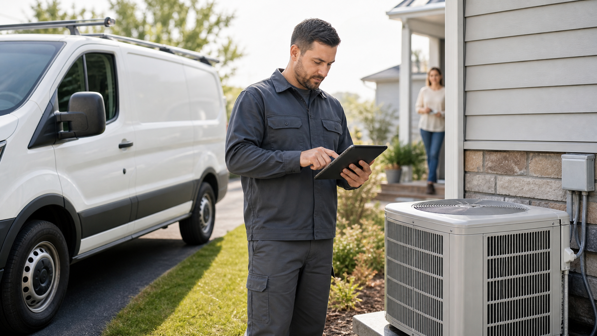 HVAC technician reviewing service details near a residential outdoor unit and unbranded service van