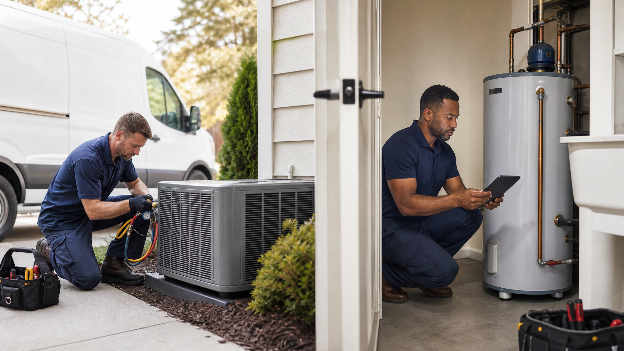 HVAC and plumbing technicians working in clean unbranded service settings