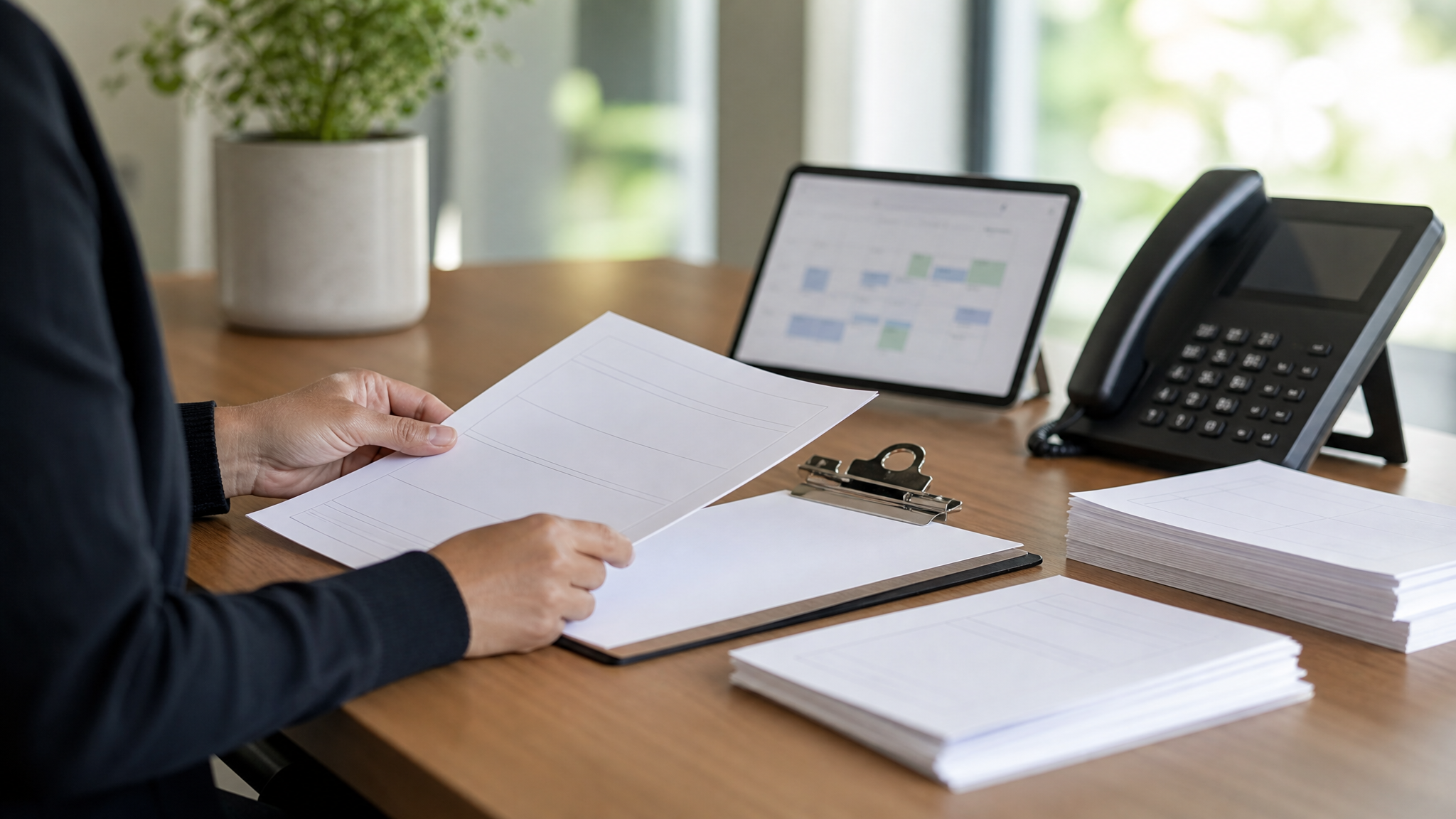 Hands organizing service request forms beside a phone and scheduling tablet
