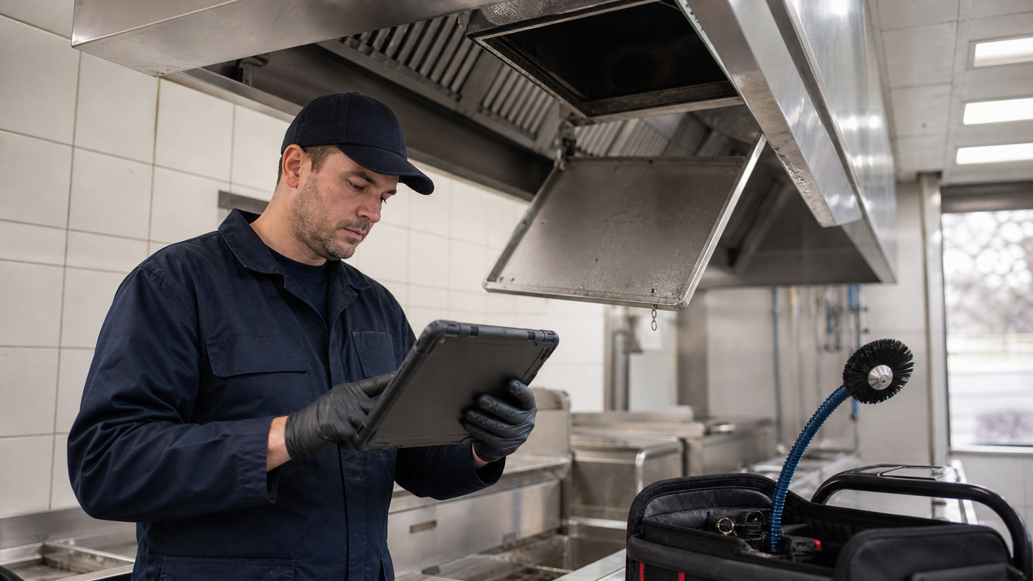 Kitchen exhaust cleaning technician reviewing quote and scheduling notes