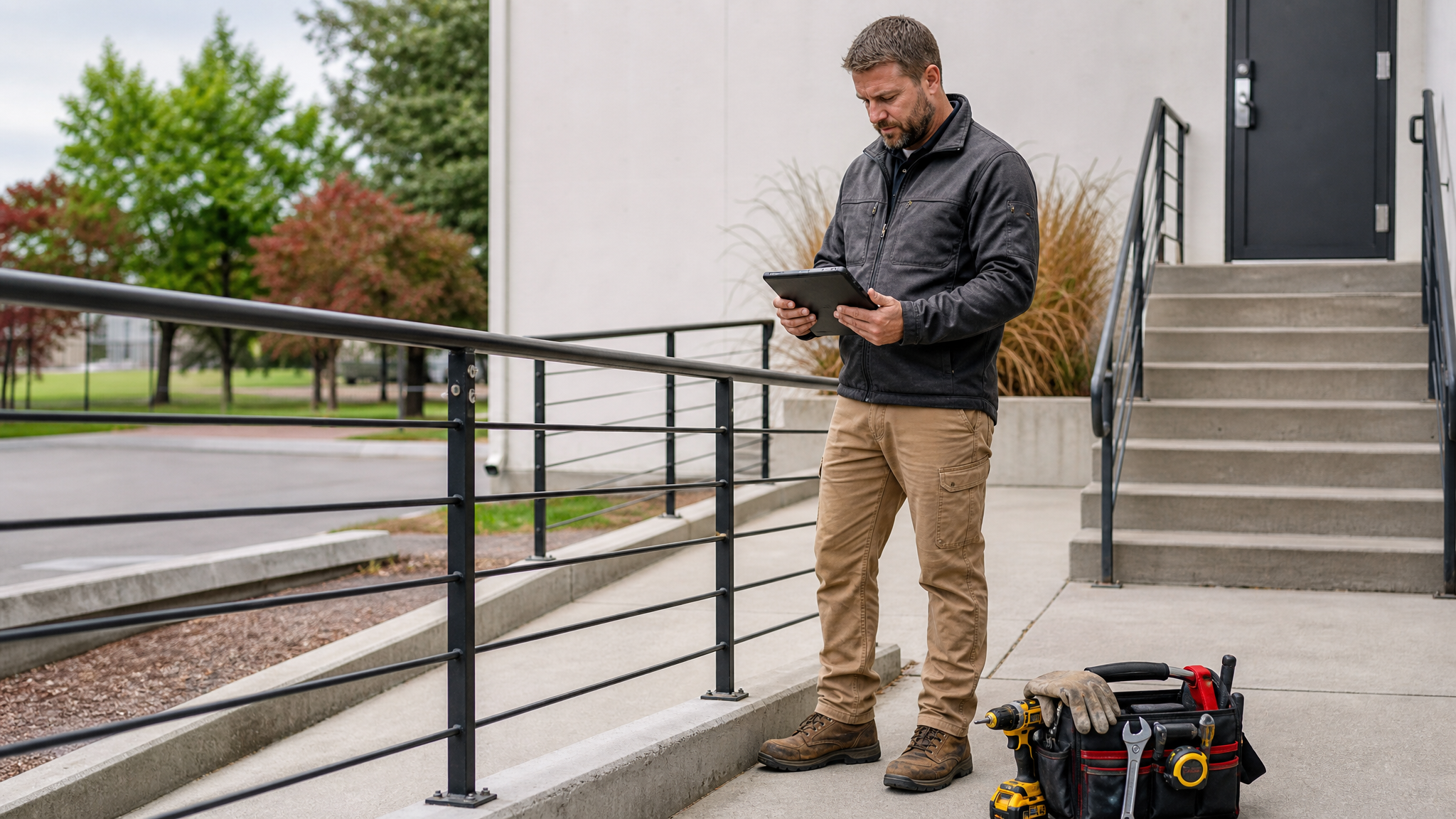 Metal railing repair contractor reviewing site photos and access notes