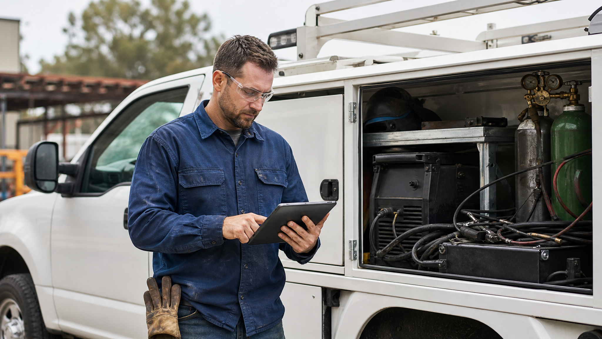 Mobile welding business owner reviewing jobsite photos and quote notes