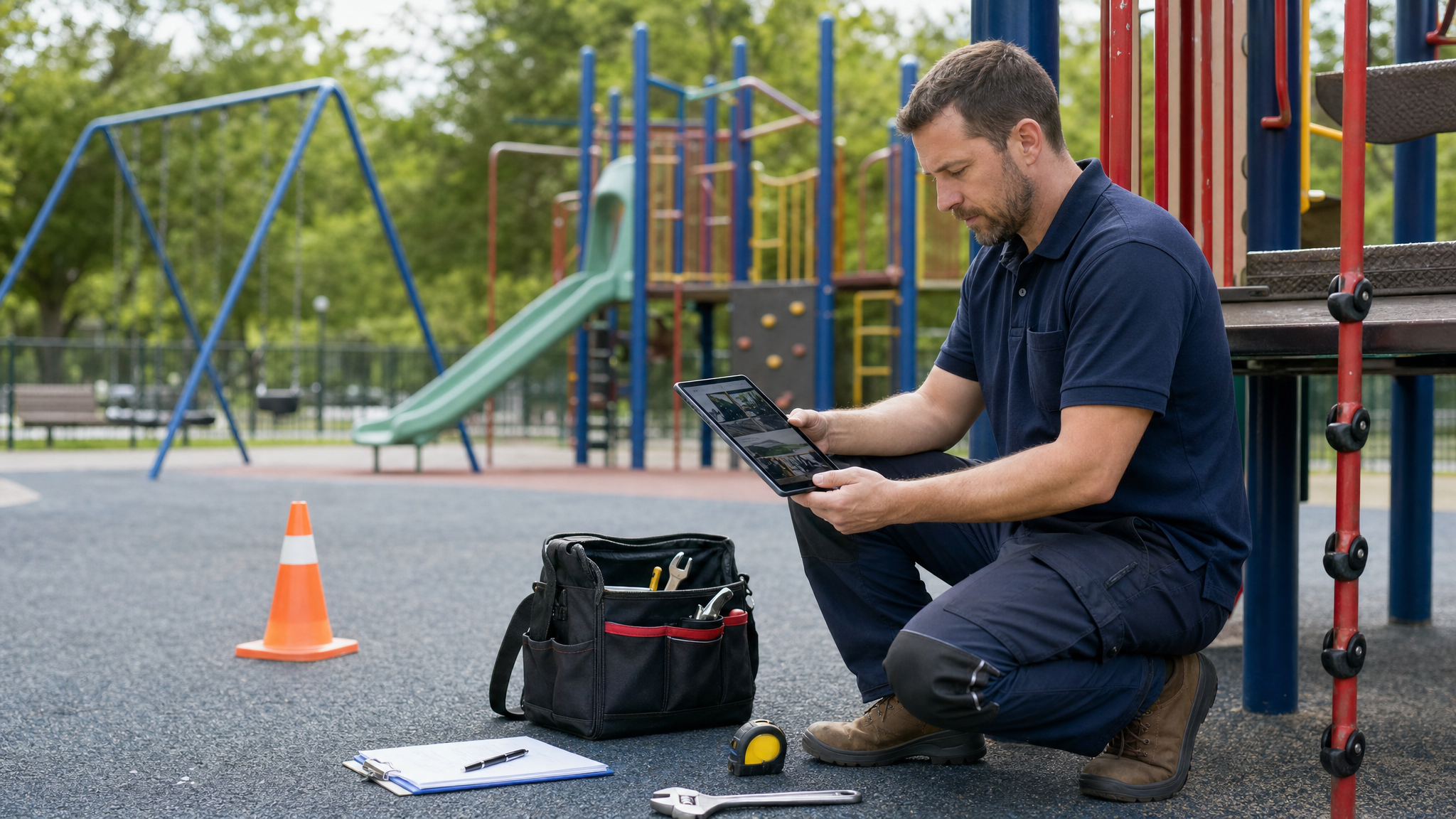Playground repair technician reviewing equipment photos and maintenance notes