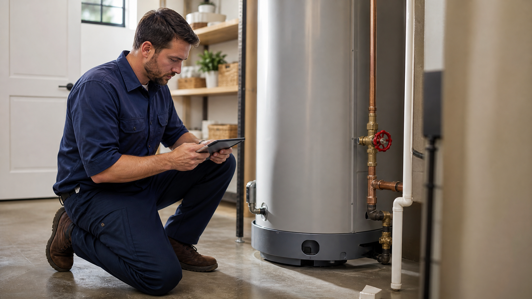 Plumbing technician reviewing service details beside a water heater and shutoff valve