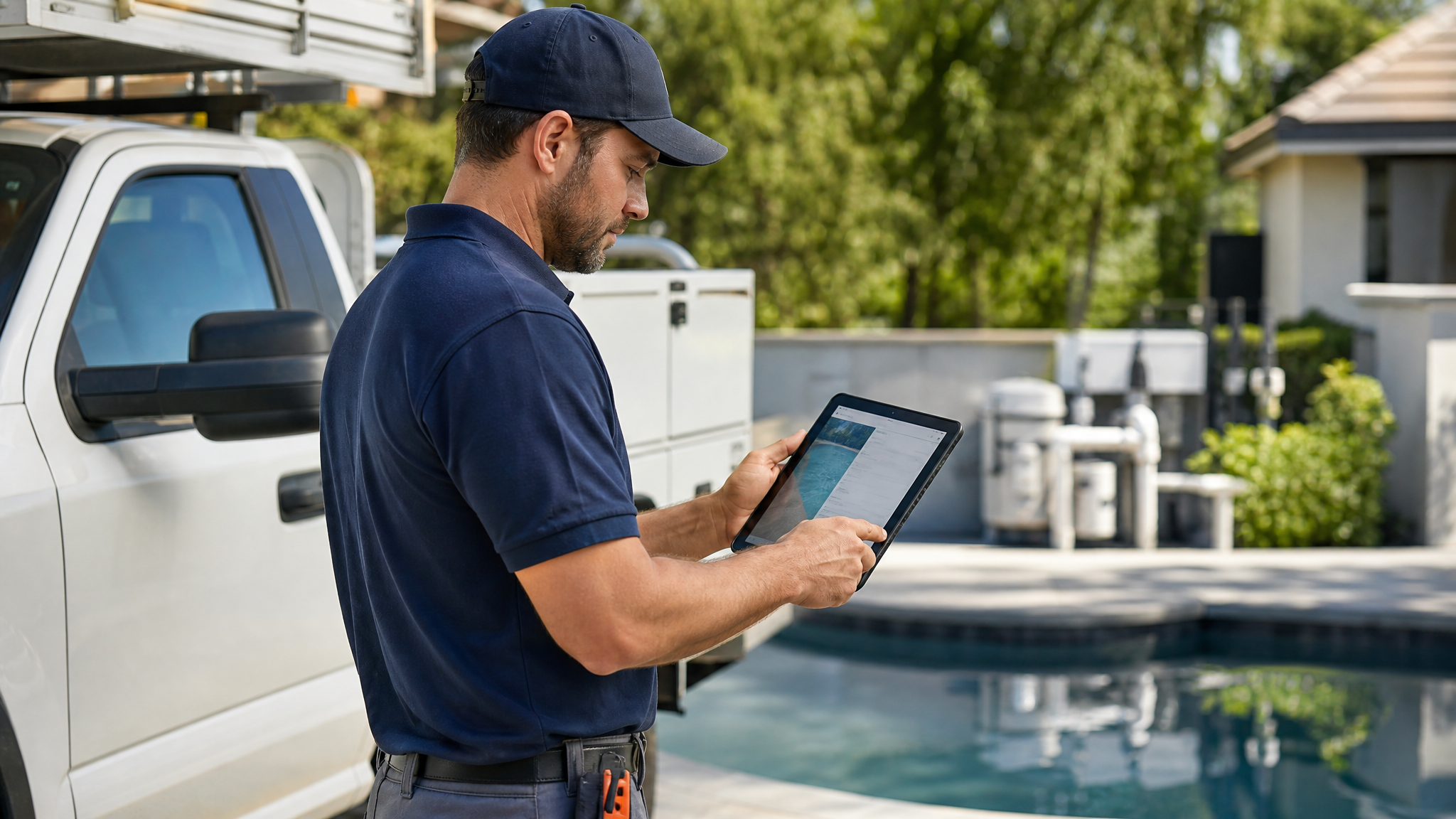 Pool leak detection business owner reviewing customer photos and appointment notes