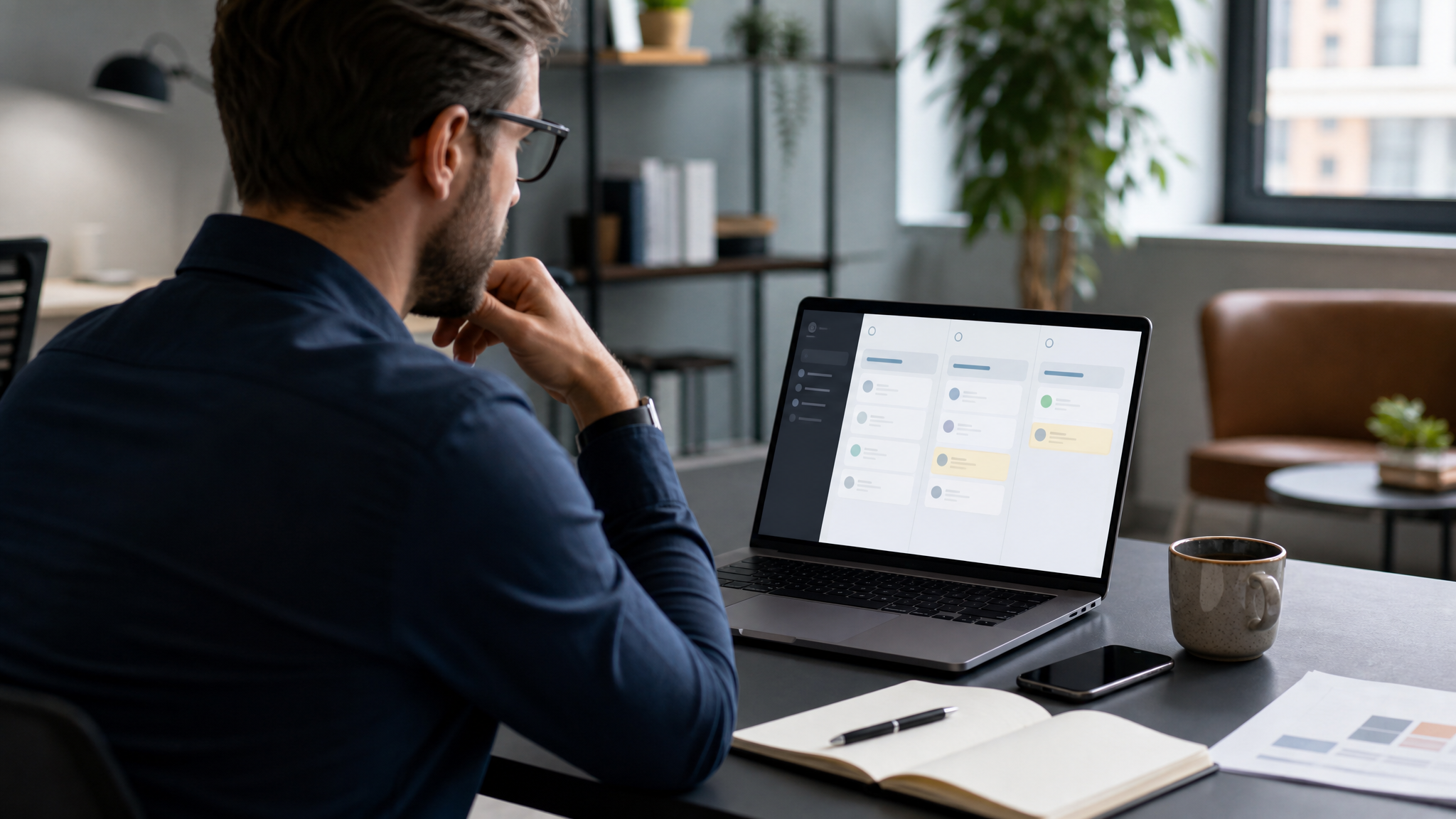 Professional reviewing a simple workflow board on a laptop in an office setting