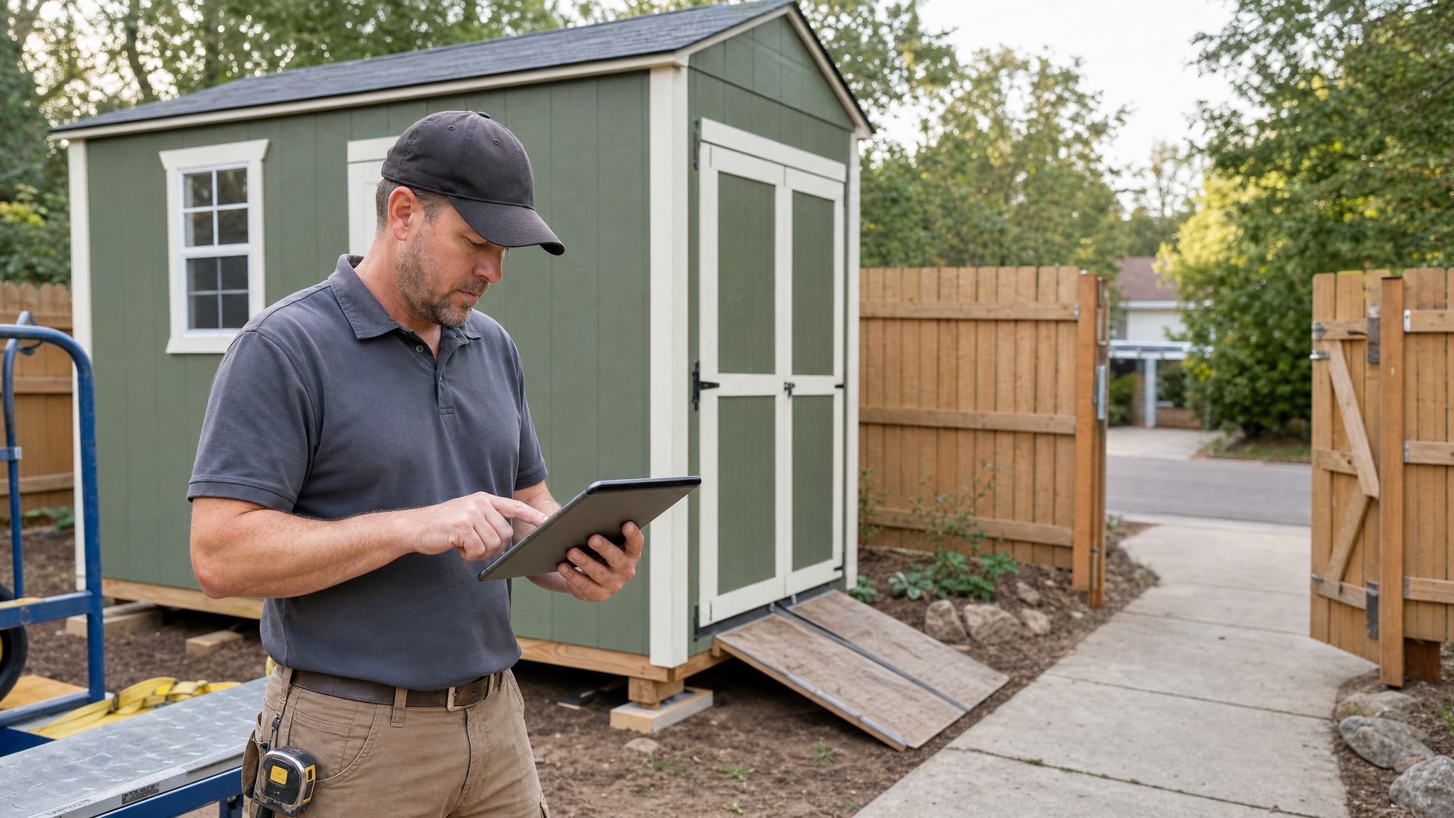Shed moving crew lead reviewing yard access photos and measurement notes