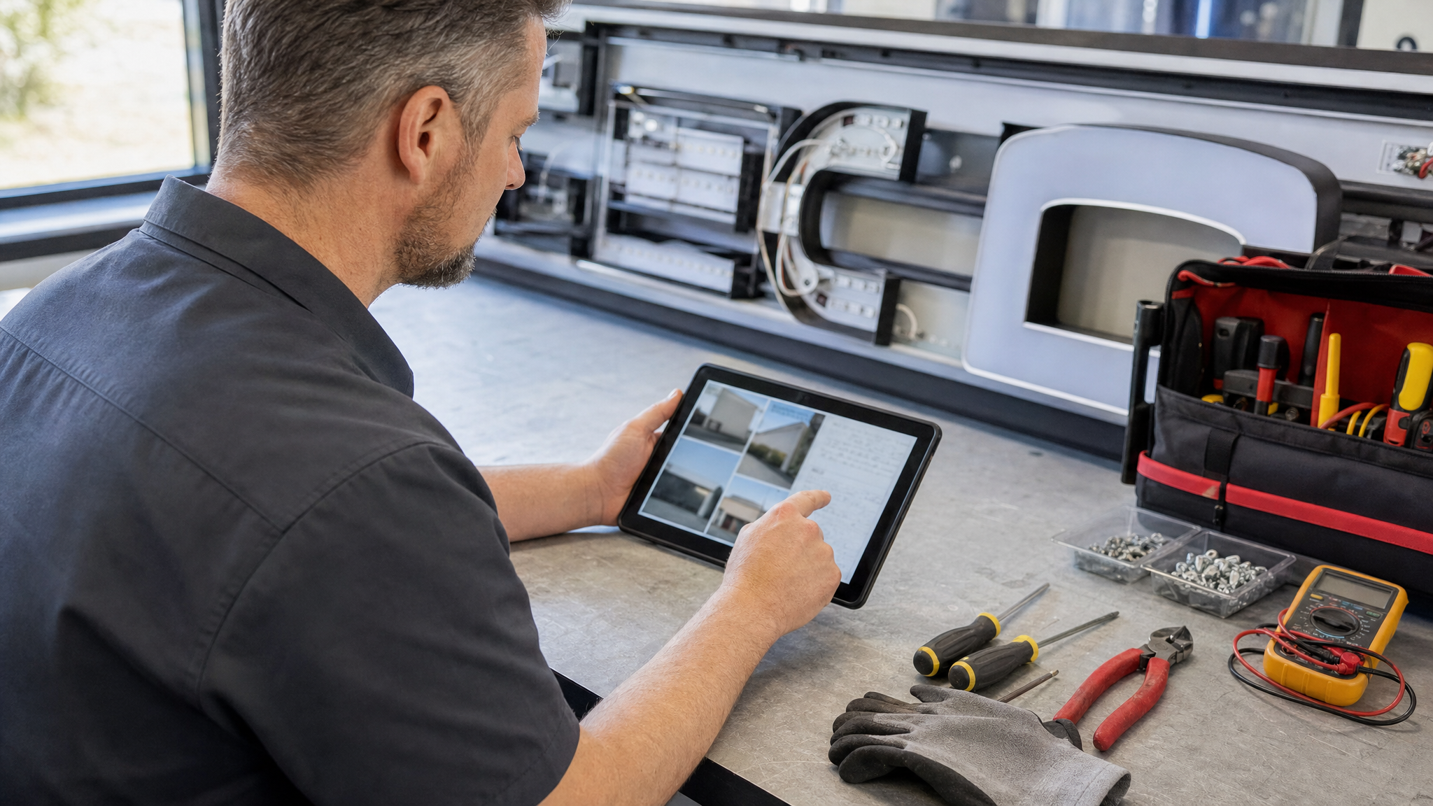 Sign repair technician reviewing storefront repair photos and quote notes