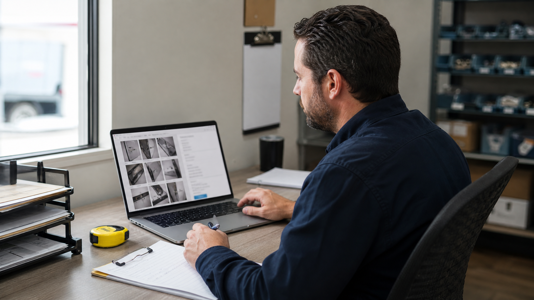 Dispatcher reviewing walk-in cooler gasket photos and quote notes